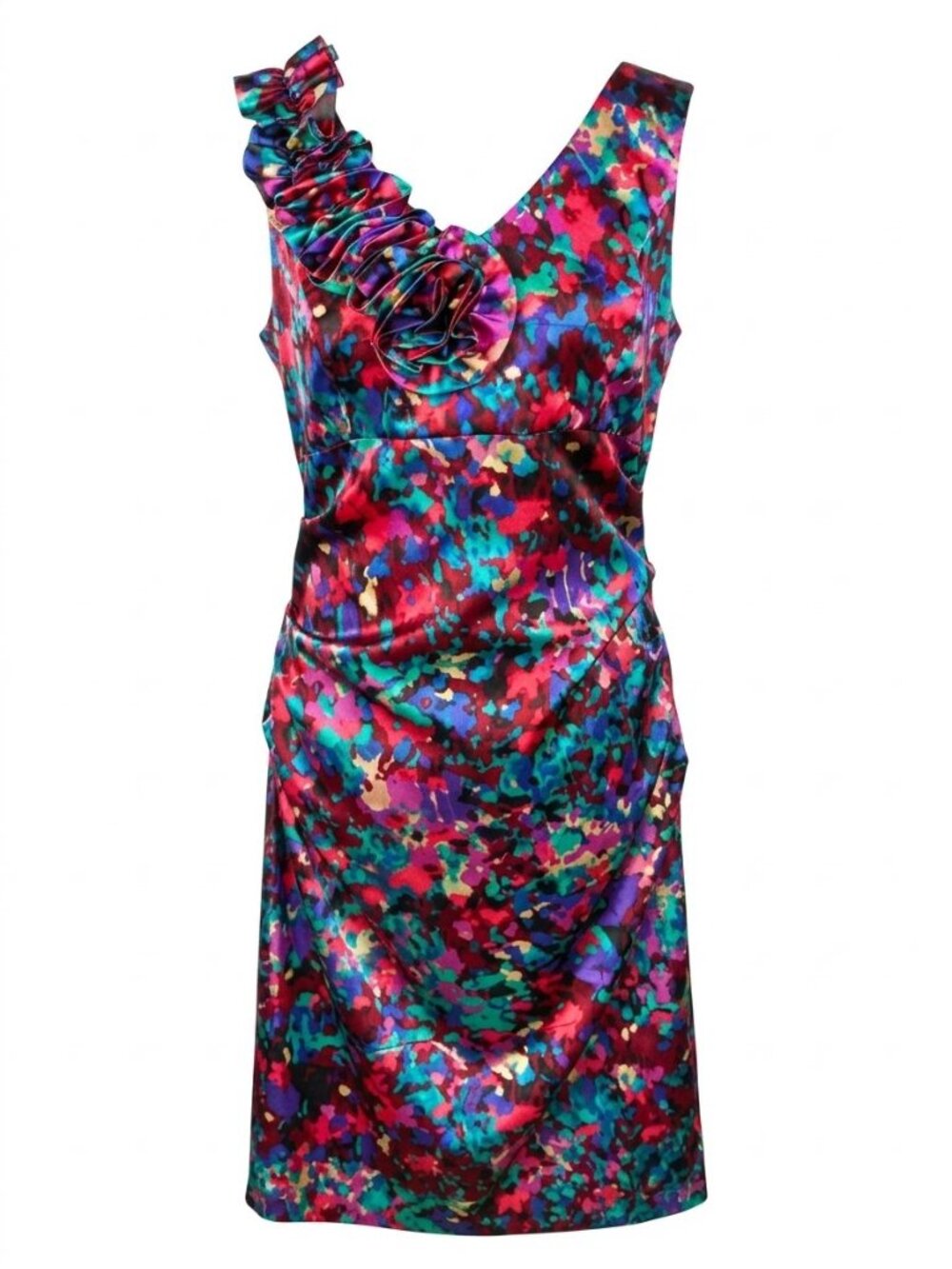 London Times Colorful Watercolor Satin Ruffle Sheath Dress - Size 14